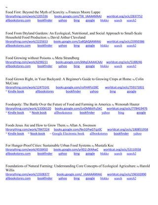 ~
Food First: Beyond the Myth of Scarcity; by Frances Moore Lappe
librarything.com/work/1205336 books.google.com/TW_tAAAAMAAJ worldcat.org/oclc/2837752
allbookstores.com bookfinder yahoo bing google blekko search search2
Food From Dryland Gardens: An Ecological, Nutritional, and Social Approach to Small-Scale
Household Food Production; by David Arthur Cleveland
librarything.com/work/2225653 books.google.com/1a8QAQAAMAAJ worldcat.org/oclc/23950386
allbookstores.com bookfinder yahoo bing google blekko search search2
Food Growing without Poisons; by Meta Strandberg
librarything.com/work/6298211 books.google.com/kMqCAAAACAAJ worldcat.org/oclc/5188246
allbookstores.com bookfinder yahoo bing google blekko search search2
Food Grown Right, in Your Backyard: A Beginner's Guide to Growing Crops at Home; by Colin
McCrate
librarything.com/work/12473141 books.google.com/roFHAPizl28C worldcat.org/oclc/759171831
~ Kindle book allbookstores bookfinder yahoo bing google
Foodopoly: The Battle Over the Future of Food and Farming in America; by Wenonah Hauter
librarything.com/work/13306120 books.google.com/LnOkNbVFu5kC worldcat.org/oclc/778419476
~ Kindle book ~ Nook book allbookstores bookfinder yahoo bing google
Foods Jesus Ate and How to Grow Them; by Allan A. Swenson
librarything.com/work/7847224 books.google.com/Nx1GPwGTqz0C worldcat.org/oclc/180851958
~ Kindle book ~ Nook book ~ Google Electronic book allbookstores bookfinder yahoo
For Hunger-Proof Cities: Sustainable Urban Food Systems; by Mustafa Koc
librarything.com/work/4558450 books.google.com/yr9D2-ZK4AwC worldcat.org/oclc/52110558
allbookstores.com bookfinder yahoo bing google blekko search search2
Foundations of Natural Farming: Understanding Core Concepts of Ecological Agriculture; by Harold
Willis
librarything.com/work/13508377 books.google.com/_irbAAAAMAAJ worldcat.org/oclc/196502890
allbookstores.com bookfinder yahoo bing google blekko search search2
 