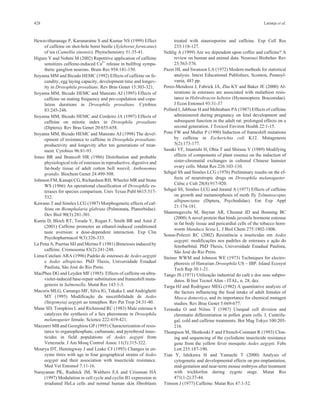 428 Laranja et al. 
Hewavitharanage P, Karunaratne S and Kumar NS (1999) Effect 
of caffeine on shot-hole borer beetle (Xyleborus fornicatus) 
of tea (Camellia sinensis). Phytochemistry 51:35-41. 
Higure Y and Nohmi M (2002) Repetitive application of caffeine 
sensitizes caffeine-induced Ca2+ release in bullfrog sympa-thetic 
ganglion neurons. Brain Res 954:141-150. 
ItoyamaMMand Bicudo HEMC (1992) Effects of caffeine on fe-cundity, 
egg laying capacity, development time and longev-ity 
in Drosophila prosaltans. Rev Bras Genet 15:303-321. 
Itoyama MM, Bicudo HEMC and Manzato AJ (1995) Effects of 
caffeine on mating frequency and pre-copulation and copu-lation 
durations in Drosophila prosaltans. Cytobios 
83:245-248. 
Itoyama MM, Bicudo HEMC and Cordeiro JA (1997) Effects of 
caffeine on mitotic index in Drosophila prosaltans 
(Diptera). Rev Bras Genet 20:655-658. 
Itoyama MM, Bicudo HEMC and Manzato AJ (1998) The devel-opment 
of resistance to caffeine in Drosophila prosaltans: 
productivity and longevity after ten generations of treat-ment. 
Cytobios 96:81-93. 
Jones BR and Brancoft HR (1986) Distribution and probable 
physiological role of esterases in reproductive, digestive and 
fat-body tissue of adult cotton boll weevil, Anthonomus 
grandis. Biochem Genet 24:499-508. 
Johnson FM, Kanapi CG, Richardson RH, WheelerMRand Stone 
WS (1966) An operational classification of Drosophila es-terases 
for species comparison. Univ Texas Publ 6615:517- 
532. 
Kawano T and Simões LCG (1987) Morphogenetic effects of caf-feine 
on Biomphalaria glabrata (Pulmonata, Planorbidae). 
Dev Biol 90(3):281-301. 
Kunin D, Bloch RT, Terada Y, Rogan F, Smith BR and Amit Z 
(2001) Caffeine promotes an ethanol-induced conditioned 
taste aversion: a dose-dependent interaction. Exp Clin 
Psychopharmacol 9(3):326-333. 
La Pena A, Puertas MJ and Merino F (1981) Bimeiosis induced by 
caffeine. Cromosoma 83(2):241-248. 
Lima-Catelani ARA (1996) Padrão de esterases de Aedes aegypti 
e Aedes albopictus. PhD Thesis, Universidade Estadual 
Paulista, São José do Rio Preto. 
MacPhee DG and Leyden MF (1985). Effects of caffeine on ultra-violet- 
induced base-repair substitution and frameshift muta-genesis 
in Salmonella. Mutat Res 143:1-3. 
Macoris MLG, Camargo MF, Silva IG, Takaku L and Andrighetti 
MT (1995) Modificação da suscetibilidade de Aedes 
(Stegomyia) aegypti ao temephos. Rev Pat Trop 24:31-40. 
Mane SD, Tompkins L and Richmond RC (1983) Male esterase 6 
catalyzes the synthesis of a Sex pheromone in Drosophila 
melanogaster female. Science 222:419-421. 
MazzarriMBand Georghiou GP (1995) Characterization of resis-tance 
to organophosphate, carbamate, and pyrethroid insec-ticides 
in field populations of Aedes aegypti from 
Venezuela. J Am Mosq Control Assoc 11(3):315-322. 
Mourya DT, Hemingway J and Leake CJ (1993) Changes in en-zyme 
titres with age in four geographical strains of Aedes 
aegypti and their association with insecticide resistance. 
Med Vet Entomol 7:11-16. 
Narayanan PK, Rudnick JM, Walthers EA and Crissman HÁ 
(1997) Modulation in cell cycle and cyclin B1 expression in 
irradiated HeLa cells and normal human skin fibroblasts 
treated with staurosporine and caffeine. Exp Cell Res 
233:118-127. 
Nehlig A (1999) Are we dependent upon coffee and caffeine? A 
review on human and animal data. Neurosci Biobehav Rev 
23:563-576. 
Pazer HL and Swanson LA (1972) Modern methods for statistical 
analysis. Intext Educational Publishers, Sconton, Pennsyl-vania, 
483 pp. 
Perez-Mendoza J, Fabrick JÁ, Zhu KY and Baker JE (2000) Al-terations 
in esterases are associated with malathion resis-tance 
in Hobrobracon hebetor (Hymenoptera: Braconidae). 
J Econ Entomol 93:31-37 
Pollard I, Jabbour H and Mehrabani PA (1987) Effects of caffeine 
administered during pregnancy on fetal development and 
subsequent function in the adult rat: prolonged effects on a 
second generation. J Toxicol Environ Health 22:1-15. 
Pons FW and Muller P (1990) Induction of frameshift mutations 
by caffeine in Escherichia coli K12. Mutagenesis 
5(2):173-177. 
Sasaki YF, Imanishi H, Ohta T and Shirasu Y (1989) Modifying 
effects of components of plant essence on the induction of 
sister-chromatid exchanges in cultured Chinese hamster 
ovary cells. Mutat Res 226:103-110. 
Sehgal SS and Simões LCG (1976) Preliminary results on the ef-fects 
of neurotropic drugs on Drosophila melanogaster. 
Ciênc e Cult 28(8):917-920. 
Sehgal SS, Simões LCG and Jurand A (1977) Effects of caffeine 
on growth and metamorphosis of moth fly Telmatoscopus 
albipunctatus (Diptera, Psychodidae). Ent Exp Appl 
21:174-181. 
Shanmugavelu M, Baytan AR, Chesnut JD and Bonning BC 
(2000) A novel protein that binds juvenile hormone esterase 
in fat body tissue and pericardial cells of the tobacco horn-worm 
Manduca Sexta L. J Biol Chem 275:1802-1806. 
Sousa-Polezzi RC (2002) Resistência a inseticidas em Aedes 
aegypti: modificações nos padrões de esterases e ação do 
fenobarbital. PhD Thesis, Universidade Estadual Paulista, 
São José do Rio Preto. 
Steiner WWM and Johnson WE (1973) Techniques for electro-phoresis 
of Hawaiian Drosophila US – IBP. Island Ecosyst 
Tech Rep 30:1-21. 
Tango JS (1971) Utilização industrial do café e dos seus subpro-dutos. 
B Inst Tecnol Alim - ITAL, n. 28, dez. 
Targa HJ and Rodriguez MEG (1982) A quantitative analysis of 
the factors influencing the food intake of adult females of 
Musca domestica, and its importance for chemical mutagen 
studies. Rev Bras Genet 5:669-677. 
Terasaka O and Niitsu T (1987) Unequal cell division and 
chromatin differentiation in pollen grain cells. I. Centrifu-gal, 
cold and caffeine treatments. Bot Mag Tokyo 100:205- 
216. 
Thompson M, Shotkoski F and Ffrench-Constant R (1993) Clon-ing 
and sequencing of the cyclodiene insecticide resistance 
gene from the yellow fever mosquito Aedes aegypti. Febs 
Lett 235:187-190. 
Tian Y, Ishikawa H and Yamuchi T (2000) Analysis of 
cytogenetic and developmental effects on pre-implantation, 
mid-gestation and near-term mouse embryos after treatment 
with trichlorfon during zygote stage. Mutat Res 
471(1-2):37-44. 
Timson J (1977) Caffeine. Mutat Res 47:1-52. 
 