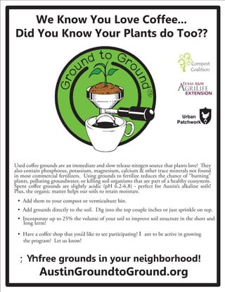 We Know You Love Coffee... 
Did You Know Your Plants do Too?? 
Used coffee grounds are an immediate and slow release nitogen source that plants love! ey 
also contain phosphorus, potassium, magnesium, calcium  other trace minerals not found 
in most commercial fertilizers. Using grounds to fertilize reduces the chance of “burning” 
plants, polluting groundwater, or killing soil organisms that are part of a healthy ecosystem. 
Spent coffee grounds are slightly acidic (pH 6.2-6.8) - perfect for Austin’s alkaline soils! 
Plus, the organic matter helps our soils to retain moisture. 
• Add them to your compost or vermiculture bin. 
• Add grounds directly to the soil. Dig into the top couple inches or just sprinkle on top. 
• Incorporate up to 25% the volume of your soil to improve soil structure in the short and 
long term! 
• Have a coffee shop that you’d like to see participating? 8ant to be active in growing 
the program? Let us know! 
*HW free grounds in your neighborhood! 
AustinGroundtoGround.org 
