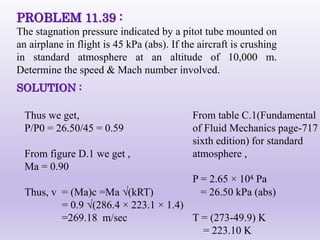PROBLEM 11.39 :
The stagnation pressure indicated by a pitot tube mounted on
an airplane in flight is 45 kPa (abs). If the aircraft is crushing
in standard atmosphere at an altitude of 10,000 m.
Determine the speed & Mach number involved.
From table C.1(Fundamental
of Fluid Mechanics page-717
sixth edition) for standard
atmosphere ,
P = 2.65 × 10 Pa
= 26.50 kPa (abs)
T = (273-49.9) K
= 223.10 K
SOLUTION :
Thus we get,
P/P0 = 26.50/45 = 0.59
From figure D.1 we get ,
Ma = 0.90
Thus, v = (Ma)c =Ma √(kRT)
= 0.9 √(286.4 × 223.1 × 1.4)
=269.18 m/sec
 