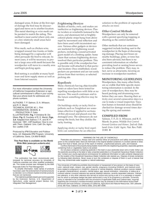 June 2005 Woodpeckers 
WARNING ON THE USE OF CHEMICALS 
Pesticides are poisonous. Always read and carefully follow all precautions and safety recommendations 
given on the container label. Store all chemicals in the original labeled containers in a locked cabinet or shed, 
away from food or feeds, and out of the reach of children, unauthorized persons, pets, and livestock. 
Confi ne chemicals to the property being treated. Avoid drift onto neighboring properties, especially gardens 
containing fruits or vegetables ready to be picked. 
Do not place containers containing pesticide in the trash or pour pesticides down sink or toilet. Either use 
the pesticide according to the label or take unwanted pesticides to a Household Hazardous Waste Collection 
site. Contact your county agricultural commissioner for additional information on safe container disposal and 
for the location of the Household Hazardous Waste Collection site nearest you. Dispose of empty containers 
by following label directions. Never reuse or burn the containers or dispose of them in such a manner that 
they may contaminate water supplies or natural waterways. 
The University of California prohibits discrimination or harassment of any person on the basis of race, 
color, national origin, religion, sex, gender identity, pregnancy (including childbirth, and medical condi-tions 
related to pregnancy or childbirth), physical or mental disability, medical condition (cancer-related 
or genetic characteristics), ancestry, marital status, age, sexual orientation, citizenship, or status as a 
covered veteran (covered veterans are special disabled veterans, recently separated veterans, Vietnam 
era veterans, or any other veterans who served on active duty during a war or in a campaign or expedi-tion 
for which a campaign badge has been authorized) in any of its programs or activities. University 
policy is intended to be consistent with the provisions of applicable State and Federal laws. Inquiries 
regarding the University’s nondiscrimination policies may be directed to the Affi rmative Action/Staff 
Personnel Services Director, University of California, Agriculture and Natural Resources, 300 Lakeside 
Drive, 6th Floor, Oakland, CA 94612-3550, (510) 987-0096. 
◆ 3 of 3 ◆ 
damaged areas. If done at the fi rst sign 
of damage the bird may be discour-aged 
and move on to another location. 
This metal sheeting or wire mesh can 
be painted to match the siding. This 
method is most useful where only one 
or a few relatively small areas have 
been damaged. 
Wire mesh, such as chicken wire, 
wrapped around tree trunks or limbs 
being damaged by a sapsucker will 
often persuade the bird to relocate. In 
most cases, it will be necessary to pro-tect 
a large area with mesh because the 
woodpecker will move to a nearby area 
and begin pecking again. 
Bird netting is available at many hard-ware 
and farm supply stores as well as 
from Internet sources. 
For more information contact the University 
of California Cooperative Extension or agri-cultural 
commissioner’s offi ce in your county. 
See your phone book for addresses and 
phone numbers. 
AUTHORS: T. P. Salmon, D. A. Whisson, 
and R. E. Marsh 
TECHNICAL EDITOR: M. L. Flint 
COORDINATION, DESIGN, & 
PRODUCTION: P. Galin 
ILLUSTRATIONS: Fig. 1 Christine M. De- 
Wees; Fig. 2: Courtesy of R. E. Marsh; Figs. 
3,4: Adapted from Salmon,T. P., and W. P. 
Gorenzel. 1981. Cliff Swallows: How to Live 
with Them. Oakland: Univ. Calif. Div. Agric. 
Sci. Leafl et 2126 
Produced by IPM Education and Publica-tions, 
UC Statewide IPM Program, University 
of California, Davis, CA 95616-8620 
This Pest Note is available on the World 
Wide Web (www.ipm.ucdavis.edu) 
This publication has been anonymously peer 
reviewed for technical accuracy by University of 
California scientists and other qualifi ed profession-als. 
This review process was managed by the ANR 
Associate Editor for Pest Management. 
To simplify information, trade names of products 
have been used. No endorsement of named products 
is intended, nor is criticism implied of similar products 
that are not mentioned. 
This material is partially based upon work supported 
by the Extension Service, U.S. Department of 
Agriculture, under special project Section 3(d), 
Integrated Pest Management. 
Frightening Devices 
Models of hawks, owls, and snakes are 
ineffective as frightening devices. Plas-tic 
twirlers or windmills fastened to the 
eaves, and aluminum foil or brightly-colored 
plastic strips hung from above 
repel by movement and refl ection and 
have been used with inconsistent suc-cess. 
Various other gadgets or devices 
are marketed for frightening wood-peckers, 
including a sound-activated 
giant model of a climbing spider. Some 
claim that various frightening devices 
resolved their particular problem. This 
is possible only if the woodpecker has 
not become well-attached to that partic-ular 
location. Once established, wood-peckers 
are persistent and are not easily 
driven from their territory or selected 
pecking site. 
Repellents 
Many chemicals having objectionable 
tastes or odors have been tested for 
repelling woodpeckers with little or no 
success. This search continues and in 
the future something effective may be 
found. 
On buildings sticky or tacky bird re-pellents 
such as Tanglefoot are some-times 
effective if applied to sections 
of thin plywood and placed over the 
damaged area. The substances do not 
entrap the birds, but they dislike the 
tacky footing. 
Applying sticky or tacky bird repel-lents 
can sometimes be an effective 
solution to the problem of sapsucker 
attacks on trees 
Other Control Methods 
Woodpeckers can only be removed 
with a permit specifying trapping or 
shooting as the control method. 
Other methods that are sometimes 
suggested include feeding suet to the 
woodpecker in the hope of discourag-ing 
damage. Placing nest boxes on 
nearby buildings, poles, or trees has 
also been advised, but there is no 
consistent information on whether 
providing food or nesting boxes serves 
to reduce the problem. They may, in 
fact, serve as attractants, favoring an 
increase in woodpecker numbers. 
MONITORING GUIDELINES 
Woodpeckers, like many other birds, 
are so visible that little specifi c moni-toring 
information is needed. In the 
case of woodpeckers, they may be 
heard pecking and drumming even 
before they are seen. Hearing their ac-tivity 
over several consecutive days is a 
cue to make a visual inspection. Vaca-tion 
homes in forested areas should be 
checked for damage several times dur-ing 
the spring and summer. 
COMPILED FROM 
Salmon, T. P., D. A. Whisson, and R. E. 
Marsh. In press. Wildlife Pest Control 
Around Gardens and Homes. 2nd ed. Oak-land: 
Univ. Calif. Agric. Nat. Res. Publ. 
21385. v 
