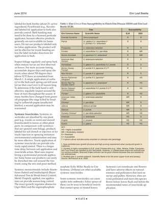 June 2014 Elm Leaf Beetle 
Table 1. Elm (Ulmus) Tree Susceptibility to Dutch Elm Disease (DED) and Elm Leaf 
Beetle (ELB). 
Elm Common Name Scientific Name ELB DED 
Emerald Sunshine Ulmus propinqua3 R R 
Patriot (U. glabra X U. carpinifolia X 
◆ 4 of 5 ◆ 
labeled for bark beetles (about 2% active 
ingredient). Pyrethroids (e.g., fluvalin-ate) 
labeled for application to bark also 
provide control. Bark banding may 
need to be done by a licensed pesticide 
applicator, because effective products 
generally are not available for home 
users. Do not use products labeled only 
for foliar application. The product will 
not be effective for trunk banding un-less 
the label includes directions for 
application to bark. 
Inspect foliage regularly and spray bark 
when mature larvae are first observed 
on leaves. For more accurate timing, 
accumulate degree-days and spray the 
trunk when about 700 degree-days 
(above 52°F) have accumulated from 
March 1. A single application of carba-ryl 
to the bark each spring can kill most 
larvae that crawl over it all season long. 
To determine if the bark band is still 
effective, regularly inspect around the 
base of trees throughout the season. If 
many beetles have changed from green-ish 
prepupae (the stage killed by band-ing) 
to yellowish pupae (unaffected 
beetles), a second application may be 
warranted. 
Systemic Insecticides. Systemic in-secticides 
are absorbed by one plant 
part (e.g., trunks or roots) and moved 
(translocated) to leaves or other plant 
parts. In comparison with systemics 
that are sprayed onto foliage, products 
labeled for soil drench or injection or for 
trunk injection or spraying minimize 
environmental contamination and may 
be more effective. Trunk application of 
systemic insecticide can provide rela-tively 
rapid control. There is a longer 
time delay between soil application and 
insecticide action. Most uses require 
hiring a professional pesticide applica-tor. 
Some home-use products can easily 
be drenched into soil around the tree 
trunk using the mix-and-pour method. 
Systemic neonicotinoids include dinote-furan 
(Safari) and imidacloprid (Bayer 
Advanced Tree & Shrub Insect Control, 
Merit). Properly applied, one applica-tion 
can provide season-long control. 
The insect growth regulator abamectin 
(Agri-Mek) and the organophosphate 
Tree Susceptibility 
acephate (Lilly Miller Ready-to-Use 
Systemic, Orthene) are other available 
systemic insecticides. 
Some systemic insecticides can cause 
spider mite outbreaks. Foliar sprays of 
them can be toxic to beneficial insects 
that contact spray or treated leaves. 
Systemics can translocate into flowers 
and have adverse effects on natural 
enemies and pollinators that feed on 
nectar and pollen. However, elms are 
wind pollinated and most elm species 
flower before leaves flush and before the 
recommended times of insecticide ap-plication. 
U. pumila) X U. wilsoniana 
R R 
Prospector U. wilsoniana selection R R 
Frontier U. carpinifolia X U. parvifolia R MR 
Morton Accolade U. japonica X U. wilsoniana3 R MR 
American New 
U. americana selection R S 
Horizon 
Homestead U. glabra X U. carpinifolia X U. pumila R S 
Morton Glossy 
Triumph 
U. pumila X U. japonica X U.?3 R S 
New Horizon U. pumila X U. japonica3 R S 
Morton Plainsman 
Vanguard1 
U. pumila X U. japonica3 R HS 
Morton Red Tip 
Danada Charm 
U. japonica X U. wilsoniana3 R HS 
Morton Stalwart 
Commendation 
U. carpinifolia X U. pumila X U.?3 R HS 
Pioneer1 U. glabra X U. carpinifolia R HS 
American Valley 
U. americana selection MR R 
Forge1 
Chinese2 U. parvifolia MR R 
zelkova Zelkova serrata MR R 
Siberian U. pumila MR S 
Dynasty Chinese2 U. parvifolia selection MR HS 
American U. americana HS S 
English U. procera HS HS 
Scotch U. glabra HS HS 
KEY 
HS = Highly susceptible 
MR = Moderately resistant 
R = Resistant 
S = Susceptible 
? = hybrid cultivar includes some uncertain or unknown elm parentage 
1. Have exhibited poor growth structure and high pruning requirement when young and grown in 
California. 
2. Dynasty is highly susceptible to ELB, most Chinese elms (e.g., Allee, Athena, Drake, Evergreen, 
and True Green) are resistant to elm leaf beetle. However, in coastal areas where elm anthracnose 
is a serious problem, Brea and Drake cultivars can be good choices because they are resistant to 
elm anthracnose. 
3. Budded onto U. pumila rootstock, Scientific Name is for the scion (upper trunk and canopy). 
Source: McPherson et al. 2009. 
 