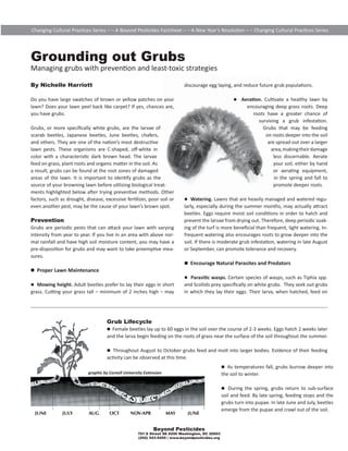 Changing Cultural Prac ces Series – – A Beyond Pes cides Factsheet – – A New Year’s Resolu on – – Changing Cultural Prac ces Series 
Grounding out Grubs 
Managing grubs with preven on and least-toxic strategies 
Beyond Pesticides 
701 E Street SE #200 Washington, DC 20003 
(202) 543-5450 | www.beyondpesticides.org 
By Nichelle Harriott 
Do you have large swatches of brown or yellow patches on your 
lawn? Does your lawn peel back like carpet? If yes, chances are, 
you have grubs. 
Grubs, or more specifi cally white grubs, are the larvae of 
scarab beetles, Japanese beetles, June beetles, chafers, 
and others. They are one of the na on’s most destruc ve 
lawn pests. These organisms are C-shaped, off -white in 
color with a characteris c dark brown head. The larvae 
feed on grass, plant roots and organic ma er in the soil. As 
a result, grubs can be found at the root zones of damaged 
areas of the lawn. It is important to iden fy grubs as the 
source of your browning lawn before u lizing biological treat-ments 
highlighted below a er trying preven ve methods. Other 
factors, such as drought, disease, excessive fer lizer, poor soil or 
even another pest, may be the cause of your lawn’s brown spot. 
Prevention 
Grubs are periodic pests that can a ack your lawn with varying 
intensity from year to year. If you live in an area with above nor-mal 
rainfall and have high soil moisture content, you may have a 
pre-disposi on for grubs and may want to take preemp ve mea-sures. 
 Proper Lawn Maintenance 
 Mowing height. Adult beetles prefer to lay their eggs in short 
grass. Cu ng your grass tall – minimum of 2 inches high – may 
discourage egg laying, and reduce future grub popula ons. 
 Aera on. Cul vate a healthy lawn by 
encouraging deep grass roots. Deep 
roots have a greater chance of 
surviving a grub infesta on. 
Grubs that may be feeding 
on roots deeper into the soil 
are spread out over a larger 
area, making their damage 
less discernable. Aerate 
your soil, either by hand 
or aera ng equipment, 
in the spring and fall to 
promote deeper roots. 
 Watering. Lawns that are heavily managed and watered regu-larly, 
especially during the summer months, may actually a ract 
beetles. Eggs require moist soil condi ons in order to hatch and 
prevent the larvae from drying out. Therefore, deep periodic soak-ing 
of the turf is more benefi cial than frequent, light watering. In-frequent 
watering also encourages roots to grow deeper into the 
soil. If there is moderate grub infesta on, watering in late August 
or September, can promote tolerance and recovery. 
 Encourage Natural Parasites and Predators 
 Parasi c wasps. Certain species of wasps, such as Tiphia spp. 
and Scoliids prey specifi cally on white grubs. They seek out grubs 
in which they lay their eggs. Their larva, when hatched, feed on 
Grub Lifecycle 
 Female beetles lay up to 60 eggs in the soil over the course of 2-3 weeks. Eggs hatch 2 weeks later 
and the larva begin feeding on the roots of grass near the surface of the soil throughout the summer. 
 Throughout August to October grubs feed and molt into larger bodies. Evidence of their feeding 
ac vity can be observed at this  me. 
 As temperatures fall, grubs burrow deeper into 
the soil to winter. 
 During the spring, grubs return to sub-surface 
soil and feed. By late spring, feeding stops and the 
grubs turn into pupae. In late June and July, beetles 
emerge from the pupae and crawl out of the soil. 
graphic by Cornell University Extension 
 