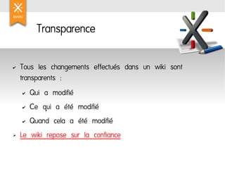 Transparence

    Tous les changements effectués dans un wiki sont
✔

    transparents :
       Qui a modifié
    ✔


    ...