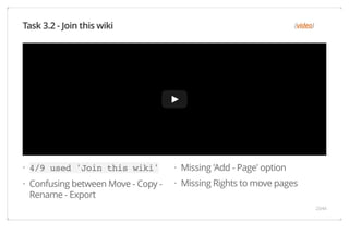(video) 
4/9 used 'Join this wiki' 
Confusing between Move - Copy - 
Rename - Export 
Missing 'Add - Page' option 
Missing Rights to move pages 
Task 3.2 - Join this wiki 
Safari Power Saver 
Click to Start Flash Plug-in 
· 
· 
· 
· 
23/44 
 