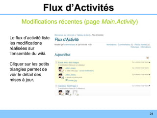24
Flux d’Activités
Modifications récentes (page Main.Activity)
Le flux d’activité liste
les modifications
réalisées sur
l’ensemble du wiki.
Cliquer sur les petits
triangles permet de
voir le détail des
mises à jour.
 