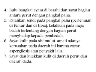 4. Bulu bangkai ayam di basahi dan sayat bagian
antara perut dengan pangkal paha.
5. Patahkan sendi pada pangkal paha (pertemuan
os femur dan os tibia). Letakkan pada meja
bedah terlentang dengan bagian perut
menghadap kepada pembedah.
6. Sayat kulit pada sisi mulut. amati adanya
kerusakan pada daerah ini karena cacar,
aspergilosis atau penyakit lain.
7. Sayat dan kuakkan kulit di daerah perut dan
daerah dada.
 