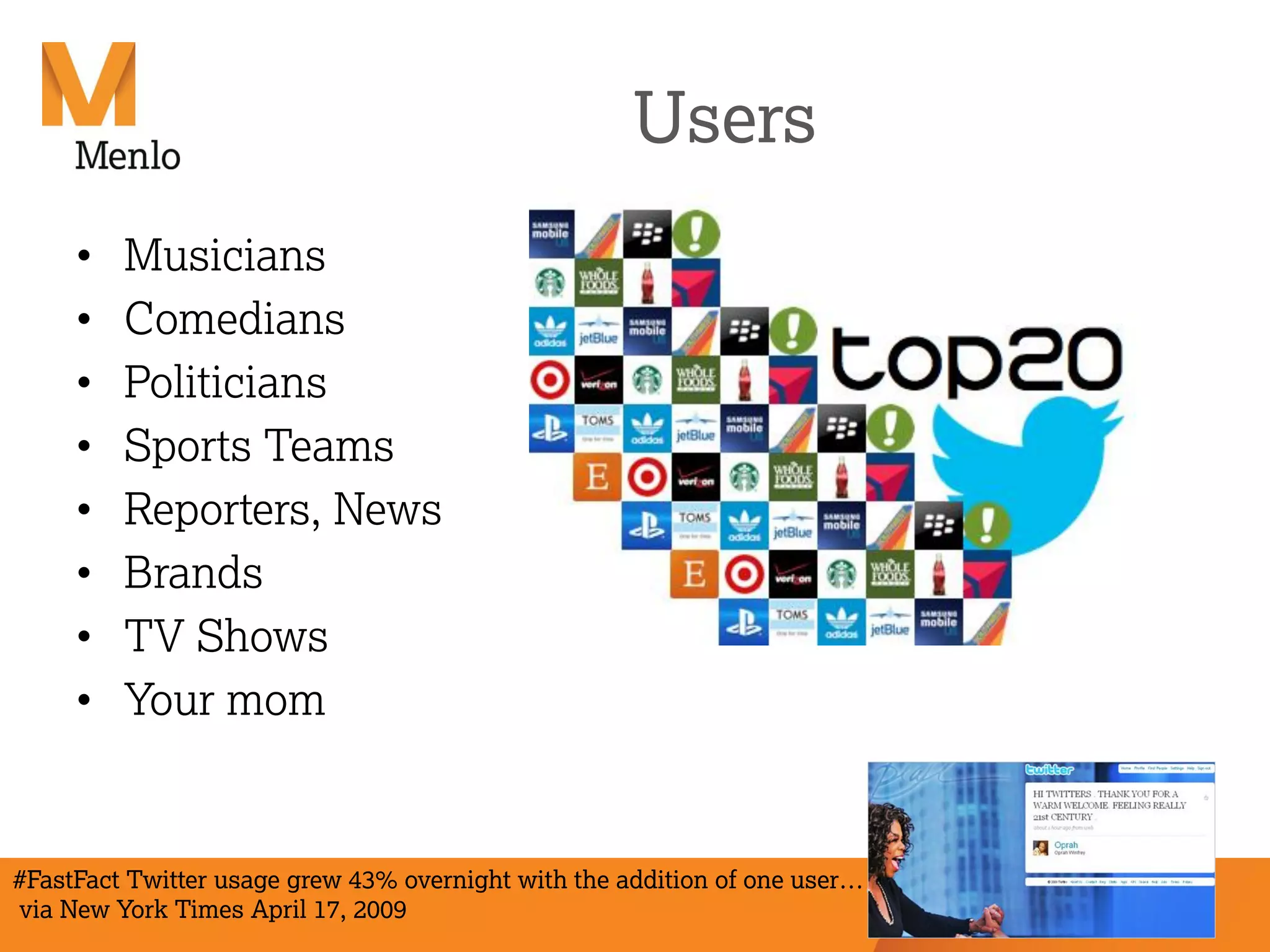 Venture Right
Users
• Musicians
• Comedians
• Politicians
• Sports Teams
• Reporters, News
• Brands
• TV Shows
• Your mom
#FastFact Twitter usage grew 43% overnight with the addition of one user…
via New York Times April 17, 2009
 