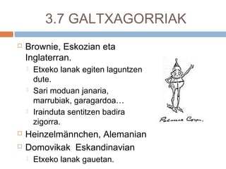 3.7 GALTXAGORRIAK
 Brownie, Eskozian eta
Inglaterran.
 Etxeko lanak egiten laguntzen
dute.
 Sari moduan janaria,
marrubiak, garagardoa…
 Irainduta sentitzen badira
zigorra.
 Heinzelmännchen, Alemanian
 Domovikak Eskandinavian
 Etxeko lanak gauetan.
 