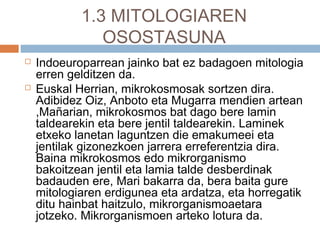 1.3 MITOLOGIAREN
OSOSTASUNA
 Indoeuroparrean jainko bat ez badagoen mitologia
erren gelditzen da.
 Euskal Herrian, mikrokosmosak sortzen dira.
Adibidez Oiz, Anboto eta Mugarra mendien artean
,Mañarian, mikrokosmos bat dago bere lamin
taldearekin eta bere jentil taldearekin. Laminek
etxeko lanetan laguntzen die emakumeei eta
jentilak gizonezkoen jarrera erreferentzia dira.
Baina mikrokosmos edo mikrorganismo
bakoitzean jentil eta lamia talde desberdinak
badauden ere, Mari bakarra da, bera baita gure
mitologiaren erdigunea eta ardatza, eta horregatik
ditu hainbat haitzulo, mikrorganismoaetara
jotzeko. Mikrorganismoen arteko lotura da.
 