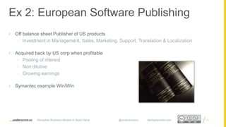 Proprietary and ConfidentialProprietary and Confidential
 Off balance sheet Publisher of US products
• Investment in Management, Sales, Marketing, Support, Translation & Localization
 Acquired back by US corp when profitable
• Pooling of interest
• Non dilutive
• Growing earnings
 Symantec example Win/Win
12
Ex 2: European Software Publishing
Disruptive Business Models to Build Value @underscorevc startupsecrets.com
 