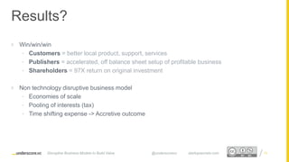 Proprietary and ConfidentialProprietary and Confidential
 Win/win/win
• Customers = better local product, support, services
• Publishers = accelerated, off balance sheet setup of profitable business
• Shareholders = 97X return on original investment
 Non technology disruptive business model
• Economies of scale
• Pooling of interests (tax)
• Time shifting expense -> Accretive outcome
13
Results?
Disruptive Business Models to Build Value @underscorevc startupsecrets.com
 