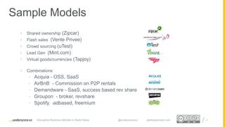 Proprietary and ConfidentialProprietary and Confidential
 Shared ownership (Zipcar)
 Flash sales (Vente Privee)
 Crowd sourcing (uTest)
 Lead Gen (Mint.com)
 Virtual goods/currencies (Tapjoy)
 Combinations
• Acquia - OSS, SaaS
• AirBnB - Commission on P2P rentals
• Demandware - SaaS, success based rev share
• Groupon - broker, revshare
• Spotify -adbased, freemium
14
Sample Models
Disruptive Business Models to Build Value @underscorevc startupsecrets.com
 