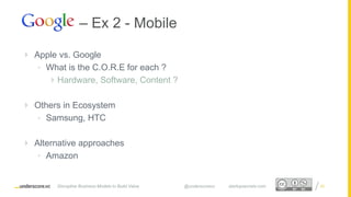 Proprietary and ConfidentialProprietary and Confidential
 Apple vs. Google
• What is the C.O.R.E for each ?
 Hardware, Software, Content ?
 Others in Ecosystem
• Samsung, HTC
 Alternative approaches
• Amazon
20
– Ex 2 - Mobile
Disruptive Business Models to Build Value @underscorevc startupsecrets.com
 
