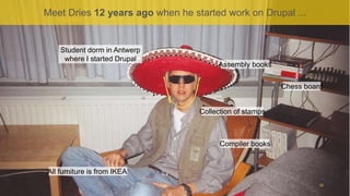 Proprietary and ConfidentialProprietary and Confidential
Meet Dries 12 years ago when he started work on Drupal ...
28
Compiler books
Collection of stamps
Chess board
Assembly books
All furniture is from IKEA
Student dorm in Antwerp
where I started Drupal
 