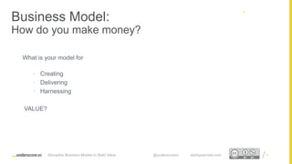Proprietary and ConfidentialProprietary and Confidential
What is your model for
• Creating
• Delivering
• Harnessing
VALUE?
4
4
Business Model:
How do you make money?
Disruptive Business Models to Build Value @underscorevc startupsecrets.com
 