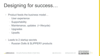 Proprietary and ConfidentialProprietary and Confidential
 Product feeds the business model…
• User experience
• Supportability
• Maintenance, updates (= lifecycle)
• Upgrades
• Upsells
 Leads to 2 startup secrets
• Russian Dolls & SLIPPERY products
55
Designing for success…
Disruptive Business Models to Build Value @underscorevc startupsecrets.com
 