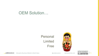 Proprietary and ConfidentialProprietary and Confidential
Personal
Limited
Free
OEM Solution…
Disruptive Business Models to Build Value @underscorevc startupsecrets.com 61
 