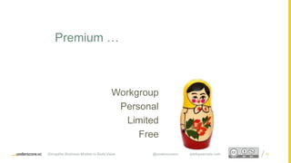 Proprietary and ConfidentialProprietary and Confidential
Workgroup
Personal
Limited
Free
Premium …
Disruptive Business Models to Build Value @underscorevc startupsecrets.com 62
 