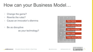 Proprietary and ConfidentialProprietary and Confidential
How can your Business Model…
 Change the game?
 Rewrite the rules?
 Cause an innovator’s dilemma
 Be as disruptive
as your technology?
9
New Game
New playing field
New boundaries
New rules
YOU choose players
Disruptive Business Models to Build Value @underscorevc startupsecrets.com
 