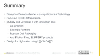 Proprietary and ConfidentialProprietary and Confidential
Summary
 Disruptive Business Model – as significant as Technology
 Focus on CORE differentiation
 Multiply and Leverage it with innovation like:-
• Co-Creation
• Strategic Partners
• Russian Doll Packaging
• And Friction Free, SLIPPERY products
 Design for high value using LCV & CARC
106Disruptive Business Models to Build Value @underscorevc startupsecrets.com
 
