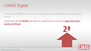 CARAS Digital
A missão da CARAS é ser a maior e melhor revista de entretenimento da América
Latina.
Com mais de 5 milhões de leitores, posiciona-se como a segunda maior
revista do Brasil.
2ª
*Fonte: Marplan Projeção Brasil 2013
 