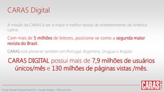 CARAS Digital
A missão da CARAS é ser a maior e melhor revista de entretenimento da América
Latina.
Com mais de 5 milhões de leitores, posiciona-se como a segunda maior
revista do Brasil.
CARAS está presente também em Portugal, Argentina, Uruguai e Angola.
CARAS DIGITAL possui mais de 7,9 milhões de usuários
únicos/mês e 130 milhões de páginas vistas /mês.
*Fonte: Marplan Projeção Brasil 2013 ; Google Analytics - Últimos 30 dias
 