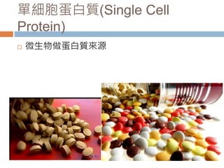 單細胞蛋白質(Single Cell
Protein)
 微生物做蛋白質來源
 