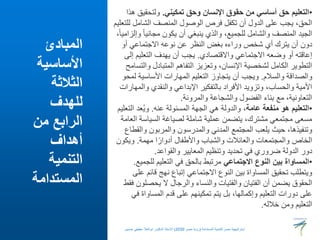 •
‫تمكيني‬ ‫وحق‬ ‫اإلنسان‬ ‫حقوق‬ ‫من‬ ‫أساسي‬ ‫حق‬ ‫التعليم‬
.
‫ولتحقيق‬
‫هذا‬
‫ل‬ ‫الشامل‬ ‫المنصف‬ ‫الوصول‬ ‫فرص‬ ‫تكفل‬ ‫أن‬ ‫الدول‬ ‫على‬ ‫يجب‬ ،‫الحق‬
‫لتعليم‬
ً‫ا‬‫مجاني‬ ‫يكون‬ ‫أن‬ ‫ينبغي‬ ‫والذي‬ ،‫للجميع‬ ‫والشامل‬ ‫المنصف‬ ‫الجيد‬
،ً‫ا‬‫وإلزامي‬
‫أو‬ ‫االجتماعي‬ ‫نوعه‬ ‫عن‬ ‫النظر‬ ‫بغض‬ ‫وراءه‬ ‫شخص‬ ‫أي‬ ‫يترك‬ ‫أن‬ ‫دون‬
‫واالقتصادي‬ ‫االجتماعي‬ ‫وضعه‬ ‫أو‬ ‫إعاقته‬
.
‫إ‬ ‫التعليم‬ ‫يهدف‬ ‫أن‬ ‫يجب‬
‫لى‬
‫و‬ ‫المتبادل‬ ‫التفاهم‬ ‫وتعزيز‬ ،‫اإلنسان‬ ‫لشخصية‬ ‫الكامل‬ ‫التطوير‬
‫التسامح‬
‫والسالم‬ ‫والصداقة‬
.
‫ل‬ ‫األساسية‬ ‫المهارات‬ ‫التعليم‬ ‫يتجاوز‬ ‫أن‬ ‫ويجب‬
‫محو‬
‫و‬ ‫والنقدي‬ ‫اإلبداعي‬ ‫بالتفكير‬ ‫األفراد‬ ‫وتزويد‬ ،‫والحساب‬ ‫األمية‬
‫المهارات‬
‫والمرونة‬ ‫والشجاعة‬ ‫الفضول‬ ‫بناء‬ ‫مع‬ ،‫التعاونية‬
.
•
،‫عامة‬ ‫منفعة‬ ‫هو‬ ‫التعليم‬
‫عنه‬ ‫المسئولة‬ ‫الجهة‬ ‫هي‬ ‫والدولة‬
.
‫ال‬ ‫عد‬ُ‫ي‬‫و‬
‫تعليم‬
‫ا‬ ‫السياسة‬ ‫لصياغة‬ ‫شاملة‬ ‫عملية‬ ‫يتضمن‬ ،‫مشترك‬ ‫مجتمعي‬ ‫مسعى‬
‫لعامة‬
‫والق‬ ‫والمربون‬ ‫والمدرسون‬ ‫المدني‬ ‫المجتمع‬ ‫يلعب‬ ‫حيث‬ ،‫وتنفيذها‬
‫طاع‬
‫مهمة‬ ‫ا‬ً‫أدوار‬ ‫واألطفال‬ ‫والشباب‬ ‫والعائالت‬ ‫والمجتمعات‬ ‫الخاص‬
.
‫ويك‬
‫ون‬
‫والقواعد‬ ‫المعايير‬ ‫وتنظيم‬ ‫تحديد‬ ‫في‬ ‫ضروري‬ ‫الدولة‬ ‫دور‬
.
•
‫االجتماعي‬ ‫النوع‬ ‫بين‬ ‫المساواة‬
‫للج‬ ‫التعليم‬ ‫في‬ ‫بالحق‬ ‫مرتبط‬
‫ميع‬
.
‫قائم‬ ‫نهج‬ ‫إتباع‬ ‫االجتماعي‬ ‫النوع‬ ‫بين‬ ‫المساواة‬ ‫تحقيق‬ ‫ويتطلب‬
‫على‬
‫يحصل‬ ‫ال‬ ‫والرجال‬ ‫والنساء‬ ‫والفتيات‬ ‫الفتيان‬ ‫أن‬ ‫يضمن‬ ‫الحقوق‬
‫فقط‬ ‫ون‬
‫ف‬ ‫المساواة‬ ‫قدم‬ ‫على‬ ‫تمكينهم‬ ‫يتم‬ ‫بل‬ ،‫وإكمالها‬ ‫التعليم‬ ‫دورات‬ ‫على‬
‫ي‬
‫خالله‬ ‫ومن‬ ‫التعليم‬
.
‫المبادئ‬
‫األساسية‬
‫الثالثة‬
‫للهدف‬
‫من‬ ‫الرابع‬
‫أهداف‬
‫التنمية‬
‫المستدامة‬
‫المستدامة‬ ‫للتنمية‬ ‫مصر‬ ‫استراتيجية‬
(
‫مصر‬ ‫رؤية‬
2030
)
‫حسنين‬ ‫عطيفى‬ ‫ابوالعال‬ ‫الدكتور‬ ‫االستاذ‬
 