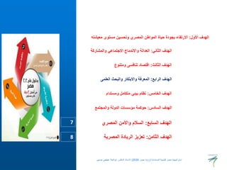 ‫الهدف‬
‫الثاني‬
:
‫العدالة‬
‫واالندماج‬
‫االجتماعي‬
‫والمشاركة‬
‫الهدف‬
‫الثالث‬
:
‫اقتصاد‬
‫تنافسى‬
‫ومتنوع‬
‫الهدف‬
‫الرابع‬
:
‫المعرفة‬
‫واالبتكار‬
‫والبحث‬
‫العلمى‬
‫الهدف‬
‫الخامس‬
:
‫نظام‬
‫بيئي‬
‫متكامل‬
‫ومستدام‬
‫الهدف‬
‫السادس‬
:
‫حوكمة‬
‫مؤسسات‬
‫الدولة‬
‫والمجتمع‬
‫الهدف‬
‫األول‬
:
‫االرتقاء‬
‫بجودة‬
‫حياة‬
‫المواطن‬
‫المصري‬
‫وتحسين‬
‫مستوى‬
‫معيشته‬
‫الهدف‬
‫السابع‬
:
‫السالم‬
‫واألمن‬
‫المصري‬
‫الهدف‬
‫الثامن‬
:
‫تعزيز‬
‫الريادة‬
‫المصرية‬
7
8
‫المستدامة‬ ‫للتنمية‬ ‫مصر‬ ‫استراتيجية‬
(
‫مصر‬ ‫رؤية‬
2030
)
‫حسنين‬ ‫عطيفى‬ ‫ابوالعال‬ ‫الدكتور‬ ‫االستاذ‬
 