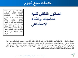 ‫لكلية‬ ‫الثقافي‬ ‫الصالون‬
‫والذكاء‬ ‫الحاسبات‬
‫االصطناعي‬
‫نجوم‬ ‫سبع‬ ‫خدمات‬
‫يهدف‬
‫الصالون‬
‫الى‬
‫مناقشة‬
‫القضايا‬
‫الثقافية‬
‫المرتبطة‬
‫بتكنولوجيا‬
‫المعلومات‬
‫واالتصاالت‬
‫بقصد‬
‫التنوير‬
‫وتبادل‬
‫االفكار‬
‫وإقامة‬
‫الفاعليات‬
‫سعيا‬
‫للتنوير‬
‫الش‬
‫امل‬
‫الذى‬
‫يصب‬
‫فى‬
‫جهود‬
‫الدولة‬
‫من‬
‫أجل‬
‫رفع‬
‫المستوى‬
‫الثقافى‬
‫والفكرى‬
‫بين‬
‫المجتمع‬
‫ضمن‬
‫خطط‬
‫الثقافة‬
‫التى‬
‫تضعها‬
‫الدولة‬
‫فك‬ ‫إشعاع‬ ‫ومصدر‬ ،‫التنويرى‬ ‫الفكر‬ ‫نشر‬ ‫في‬ ‫كبير‬ ‫دور‬ ‫لة‬ ‫الثقافي‬ ‫منبر‬ ‫بمثابة‬ ‫هنا‬ ‫المقترح‬ ‫الصالون‬
‫أجل‬ ‫من‬ ‫ري‬
‫ويستهدف‬ ‫بالثقافة‬ ‫للسمو‬ ‫يهدف‬ ‫مادام‬ ‫إنسانى‬ ‫فكر‬ ‫بأى‬ ‫يستهين‬ ‫ال‬ ‫أنه‬ ‫المنبر‬ ‫هذا‬ ‫وقيمة‬ ،‫الوعى‬ ‫صناعة‬
‫تعزيز‬
‫الر‬ ‫من‬ ‫معين‬ ‫بنوع‬ ‫التكنولوجية‬ ‫المجتمع‬ ‫أمور‬ ‫مناقشة‬ ‫أجل‬ ‫من‬ ‫المنبر‬ ‫هذا‬ ‫عظمة‬ ‫وياتى‬ ،‫المجتمع‬ ‫في‬ ‫الوعى‬
‫قى‬
‫العالى‬ ‫التعليم‬ ‫المؤسسات‬ ‫داخل‬ ‫ثقافية‬ ‫حركة‬ ‫وإحداث‬ ،‫الفكرى‬
‫المستدامة‬ ‫للتنمية‬ ‫مصر‬ ‫استراتيجية‬
(
‫مصر‬ ‫رؤية‬
2030
)
‫حسنين‬ ‫عطيفى‬ ‫ابوالعال‬ ‫الدكتور‬ ‫االستاذ‬
 