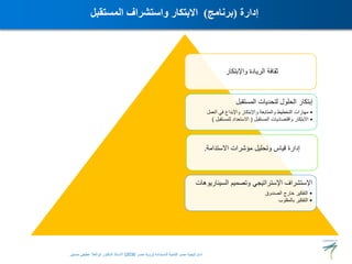‫إدارة‬
(
‫برنامج‬
)
‫المستقبل‬ ‫واستشراف‬ ‫االبتكار‬
‫واإلبتكار‬ ‫الريادة‬ ‫ثقافة‬
‫االستدامة‬ ‫مؤشرات‬ ‫وتحليل‬ ‫قياس‬ ‫إدارة‬
.
‫المستقبل‬ ‫لتحديات‬ ‫الحلول‬ ‫إبتكار‬
•
‫العمل‬ ‫في‬ ‫واإلبداع‬ ‫واإلبتكار‬ ‫والمتابعة‬ ‫التخطيط‬ ‫مهارات‬
•
‫المستقبل‬ ‫واقتصاديات‬ ‫االبتكار‬
(
‫للمستقب‬ ‫االستعداد‬
‫ل‬
)
‫السينا‬ ‫وتصميم‬ ‫اإلستراتيجي‬ ‫اإلستشراف‬
‫ريوهات‬
•
‫الصندوق‬ ‫خارج‬ ‫التفكير‬
•
‫بالمقلوب‬ ‫التفكير‬
‫المستدامة‬ ‫للتنمية‬ ‫مصر‬ ‫استراتيجية‬
(
‫مصر‬ ‫رؤية‬
2030
)
‫حسنين‬ ‫عطيفى‬ ‫ابوالعال‬ ‫الدكتور‬ ‫االستاذ‬
 