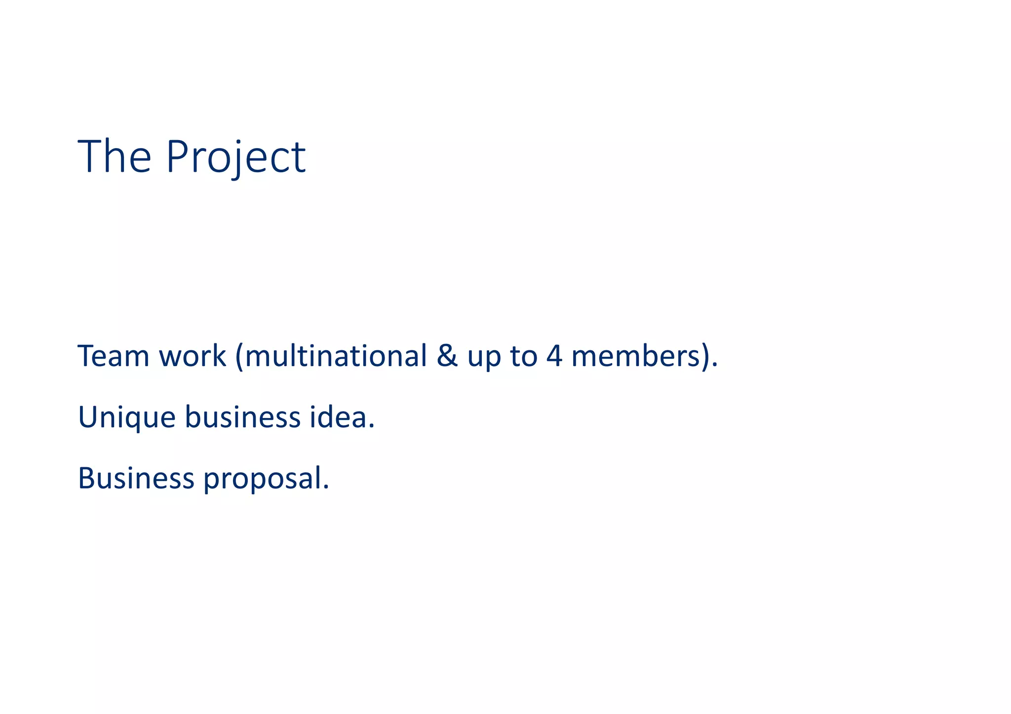 The Project
Team work (multinational & up to 4 members).
Unique business idea.
Business proposal.