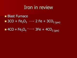 Iron in review 
 Blast Furnace 
 3CO + Fe2O3 2 Fe + 3CO2 (gas) 
 4CO + Fe3O4 3Fe + 4CO2 (gas) 
 