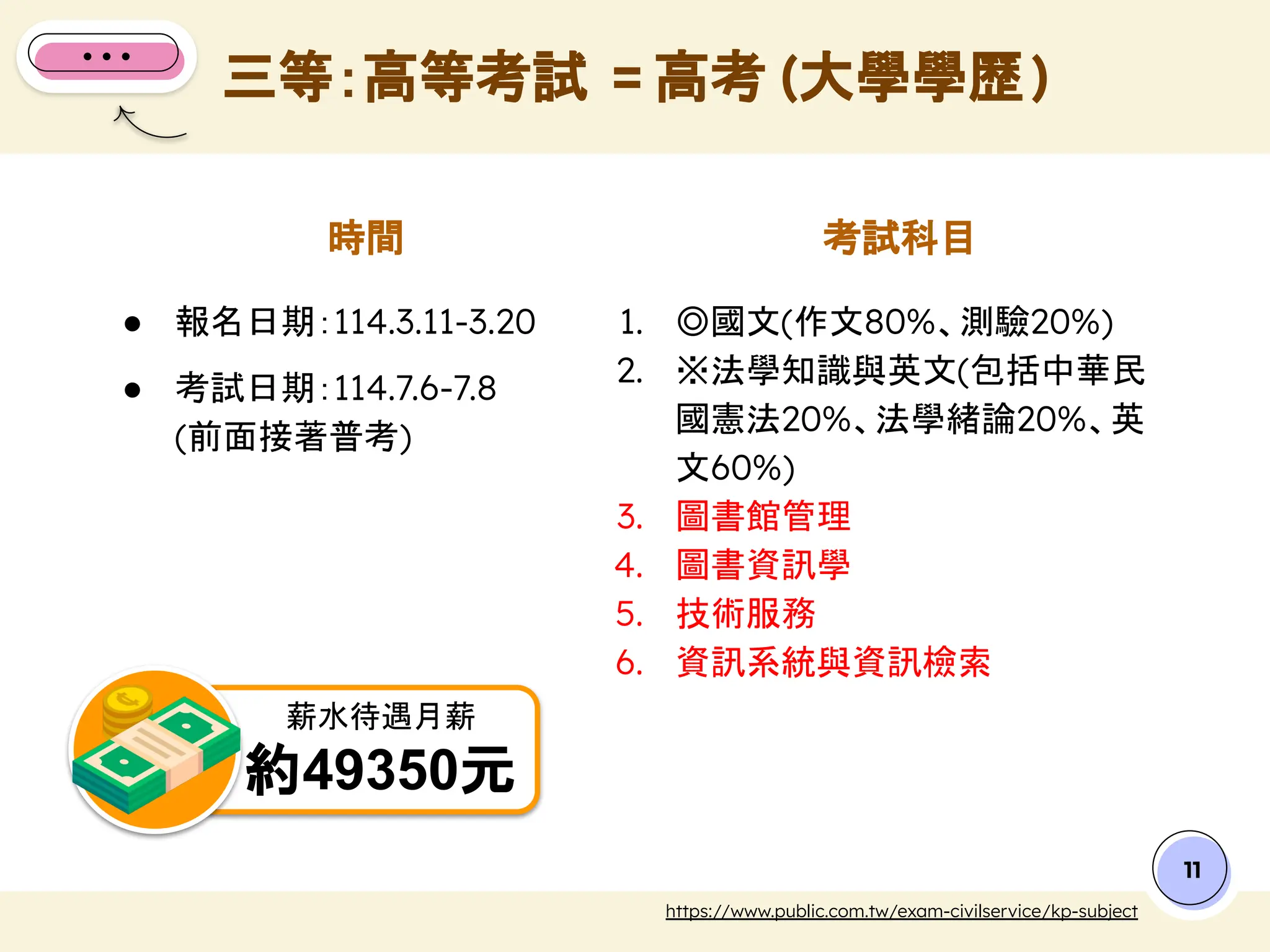 11
三等：高等考試 = 高考 (大學學歷)
https://www.public.com.tw/exam-civilservice/kp-subject
考試科目
時間
● 報名日期：114.3.11-3.20
● 考試日期：114.7.6-7.8
(前面接著普考)
1. ◎國文(作文80%、測驗20%)
2. ※法學知識與英文(包括中華民
國憲法20%、法學緒論20%、英
文60%)
3. 圖書館管理
4. 圖書資訊學
5. 技術服務
6. 資訊系統與資訊檢索
薪水待遇月薪
約49350元
 