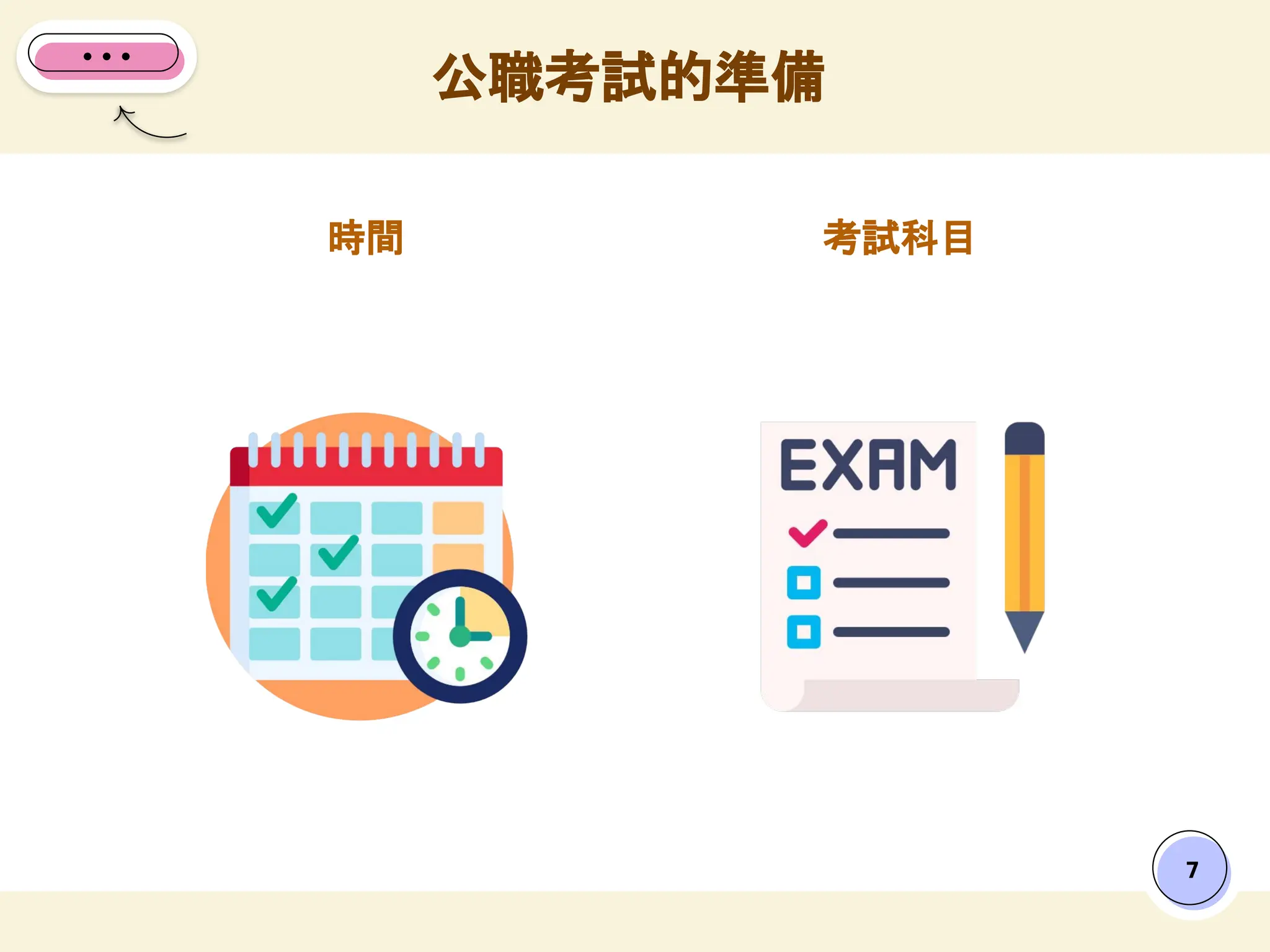 公職考試的準備
7
時間 考試科目
 