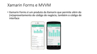 Xamarin Forms e MVVM
• Xamarin Forms é um produto da Xamarin que permite além do
(re)aproveitamento de código de negócio, também o código de
interface
 