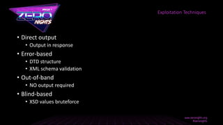 • Direct output
• Output in response
• Error-based
• DTD structure
• XML schema validation
• Out-of-band
• NO output required
• Blind-based
• XSD values bruteforce
Exploitation Techniques
 