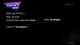 POST /api HTTP/1.1
Host: api.host
Content-Type: application/json
{“name”:”ZeroNights”}
JSON Parser
Hello, ZeroNights
 
