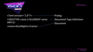 <?xml version="1.0"?>
<!DOCTYPE name [<!ELEMENT name
ANY>]>
<name>ZeroNights</name>
Prolog
Document Type Definition
Document
XML Basics
 