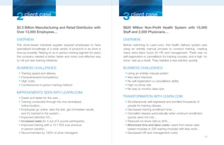 2 client case                                                           3 client case
$2.3 Billion Manufacturing and Retail Distributor with                  $820 Million Non-Profit Health System with 10,000
Over 13,000 Employees…                                                  Staff and 2,500 Physicians…

OVERVIEW:                                                               OVERVIEW:
This store-based industrial supplier required employees to have         Before switching to Learn.com, this health delivery system was
specialized knowledge of a wide variety of products in as short a       using an entirely manual process to conduct training, creating
time as possible. Relying on an in-person training regimen for years,   many extra labor hours for HR and management. There was no
the company needed a better, faster and more cost-effective way         self-registration or cancellation for training courses, and a high ‘no
to roll out new training initiatives.                                   show’ rate as a result. They needed a new solution quickly.

BUSINESS CHALLENGES:                                                    BUSINESS CHALLENGES:
  n
      Training speed and delivery                                        n
                                                                             Using an entirely manual system
  n
      Comprehension/competency                                           n
                                                                             Very labor intensive
  n
      High costs                                                         n
                                                                             No self-registration or cancellation ability
  n
      Cumbersome in-person training method                               n
                                                                             High no-show rate
                                                                         n
                                                                             No way to monitor class size
IMPROVEMENTS SEEN WITH LEARN.COM:
  n
      Easier and faster for the user…                                   TRANSFORMATION WITH LEARN.COM:
  n
      Training conducted through the one centralized,                    n
                                                                             Simultaneously self-registered and enrolled thousands of
      online location…                                                       people for training classes…
  n
      Employees go online, take the test, get immediate results          n
                                                                             Decreased training enrollment time…
      and it’s tracked in the system…                                    n
                                                                             Cancelled classes automatically when minimum enrollment
  n
      Improved retention 5%...                                               quotas were not met…
  n
      Increased sales for 4 out of 5 course participants…                n
                                                                             Reduced no-show rate by 50%…
  n
      Improved training with a 10:1 ROI over previous                    n
                                                                             Minimized time and labor costs—went from seven web-
      in-person solution…                                                    based modules to 200 training modules with less work…
  n
      Recommended by 100% of store managers!                             n
                                                                             Decreased HR and management costs!
                                                                                                                                           13
 