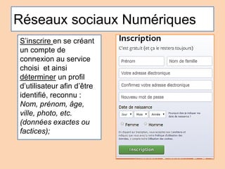 Réseaux sociaux Numériques
S’inscrire en se créant
un compte de
connexion au service
choisi et ainsi
déterminer un profil
d’utilisateur afin d’être
identifié, reconnu :
Nom, prénom, âge,
ville, photo, etc.
(données exactes ou
factices);
 