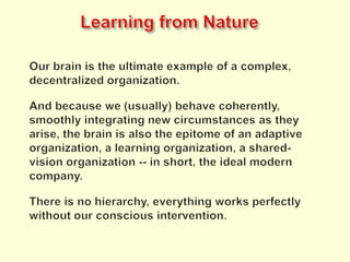 New Rulesforthe NewEconomy1)Embrace the Swarm. As power ﬂows away from the center, the competitive advantage belongs to those who learn how to embrace decentralized points of control.2) Increasing Returns. As the number of connections between people and things add up, the consequences of those connections multiply out even faster, so that initial successes aren’t self-limiting, but self-feeding.3)Plentitude, Not Scarcity. As manufacturing techniques perfect the art of making copies plentiful, value is carried by abundance, rather than scarcity, inverting traditional business propositions.4)Follow the Free. As resource scarcity gives way to abundance, generosity begets wealth. Following the free rehearses the inevitable fall of prices, and takes advantage of the only true scarcity: human attention.5)Feed the Web First. As networks entangle all commerce, a ﬁrm’s primary focus shifts from maximizing the ﬁrm’s value to maximizing the network’s value. Unless the net survives, the ﬁrm perishes.