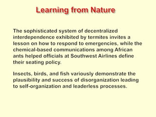 New Rulesforthe NewEconomy6)Let Go at the Top. As innovation accelerates, abandoning the highly successful in order to escape from its eventual obsolescence becomes the most difficult and yet most essential task.7)From Places to Spaces. As physical proximity (place) is replaced by multiple interactions with anything, anytime, anywhere (space), the opportunities for intermediaries, middlemen, and mid-size niches expand greatly.8)No Harmony, All Flux. As turbulence and instability become the norm in business, the most effective survival stance is a constant but highly selective disruption that we call innovation.9) Relationship Tech. As the soft trumps the hard, the most powerful technologies are those that enhance, amplify, extend, augment, distill, recall, expand, and develop soft relationships of all types.10) Opportunities Before Efficiencies. As fortunes are made by training machines to be ever more efficient, there is yet far greater wealth to be had by unleashing the inefficient discovery and creation of new opportunities.Kevin Kelly, „New Rules for the New Economy, 10 Radical Strategies for a Connected World