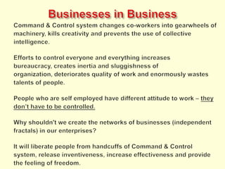 The Goal - Survival on own termsOn the other hand, if the group cannot or does not attempt to overcome obstacles deemed important to many (or possibly any) of its individual members, the group must risk losing these alienated members.Under these circumstances, the alienated members may dissolve their relationship and remain independent, form a group of their own, or join another collective body in order to improve their capacity for independent action.John R. Boyd