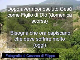 Dopo aver riconosciuto Gesù come Figlio di Dio (domenica scorsa)Bisogna che ora capiscano che deve soffrire molto (oggi)Fotografie di Cesarea di Filippo