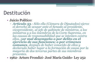 • Juicio Político:
▫ Artículo 53.- Sólo ella (Cámara de Diputados) ejerce
el derecho de acusar ante el Senado al presidente,
vicepresidente, al jefe de gabinete de ministros, a los
ministros y a los miembros de la Corte Suprema, en
las causas de responsabilidad que se intenten contra
ellos, por mal desempeño o por delito en el
ejercicio de sus funciones; o por crímenes
comunes, después de haber conocido de ellos y
declarado haber lugar a la formación de causa por la
mayoría de dos terceras partes de sus miembros
presentes.
• 1962- Arturo Frondizi- José María Guido- Ley 252
Destitución
 