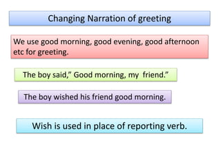 Changing Narration of greeting
We use good morning, good evening, good afternoon
etc for greeting.
The boy said,” Good morning, my friend.”
The boy wished his friend good morning.
Wish is used in place of reporting verb.
 
