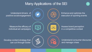 20Many Applications of the SEI
Understand drivers of
positive social engagement
Enhance and optimize the
execution of sporting events
Measure the efficacy of
individual ad campaigns
Assess brand perception
in a competitive context
Develop content strategy that
can cut through clutter
Understand consumer discourse
and manage crises
 